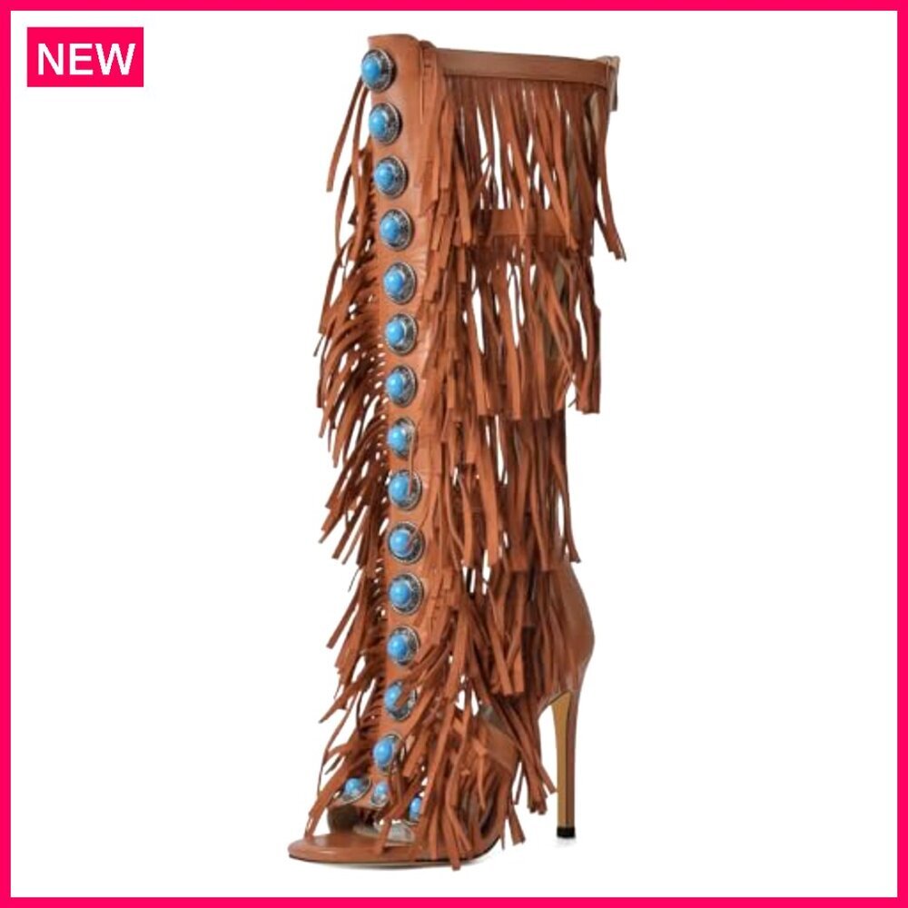 Women's Knee High Sandals, Fringe Studded Heels, 4.72 Inch Heel, Party Wear - Picture 2 of 7
